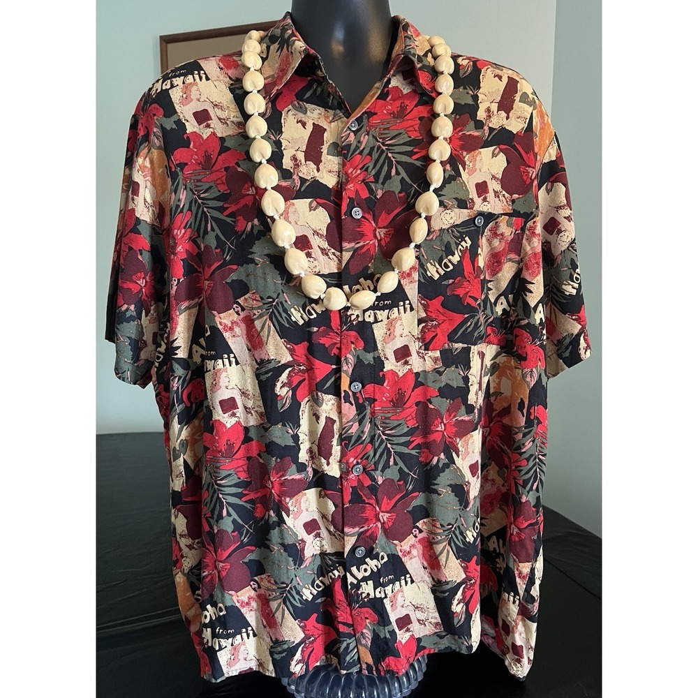 Vintage 90s 100% Viscose Rayon Hawaiian Shirt Size L Hula Girl Button Red Aloha